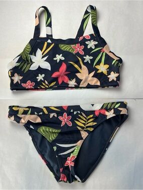 Roxy Surf Kids 16 Two-Piece Swim Suit Aloha Girl NAVY BLUE Tropical Beach L XL